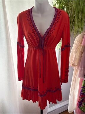 Moda International orange Long-Sleeve Embroidered V-Neck Dress